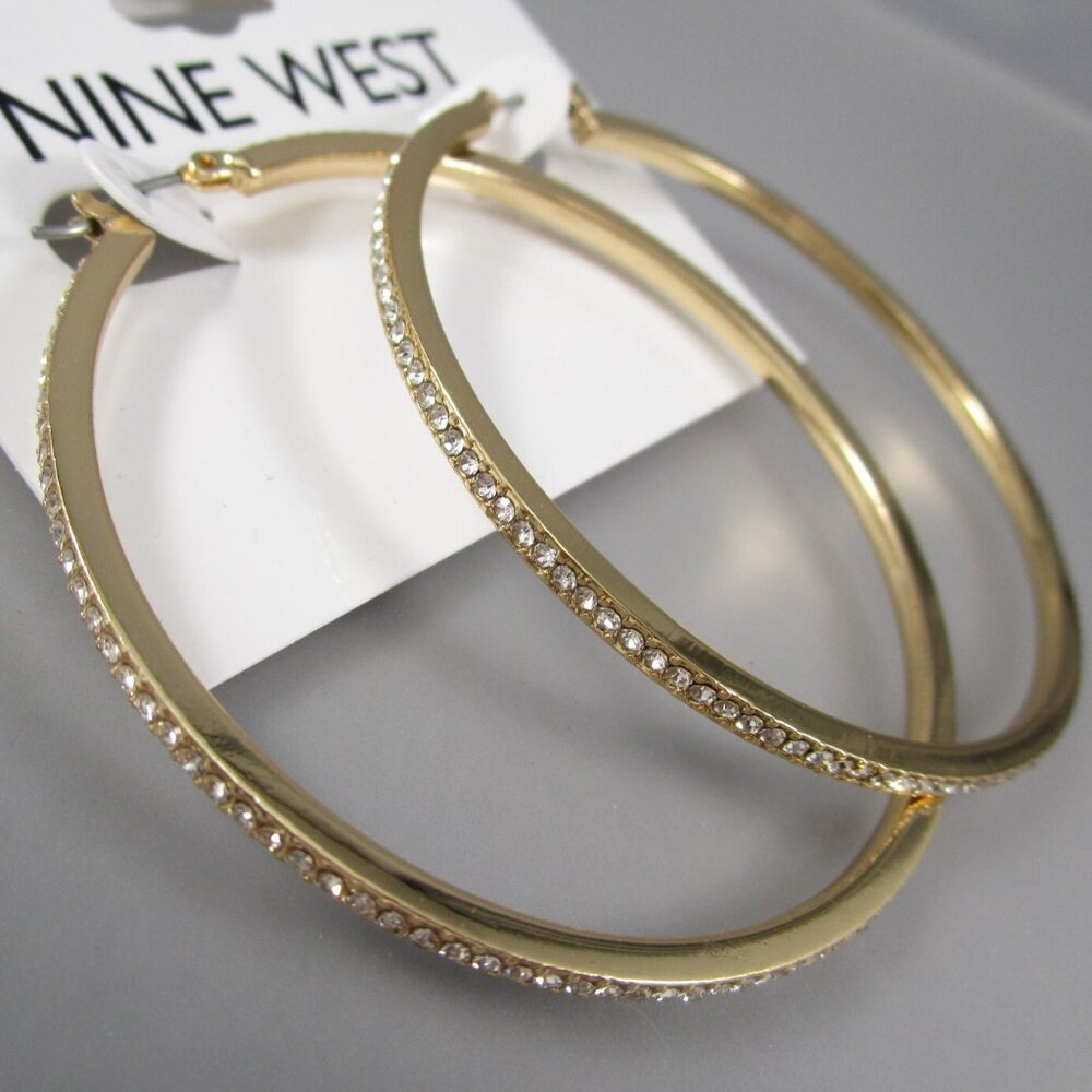 NINE WEST Glamorous Gold/Clear Rhinestone Crystal 2.25" Hoop Earrings**NEW!